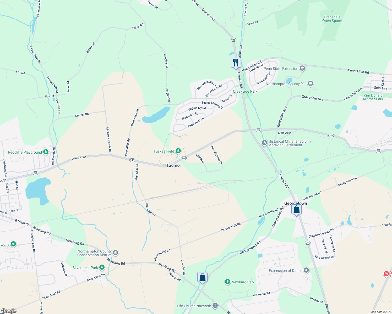 map of restaurants, bars, coffee shops, grocery stores, and more near 2823 Lehigh Lane in Nazareth