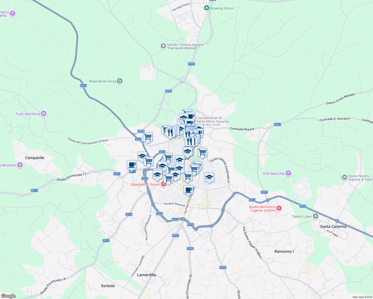 map of restaurants, bars, coffee shops, grocery stores, and more near 13 Via A. Tamborrino in Ostuni
