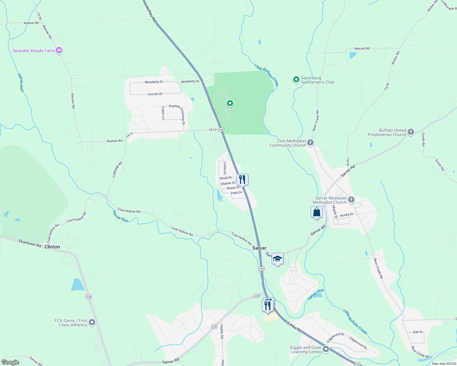 map of restaurants, bars, coffee shops, grocery stores, and more near 147 Shaner Drive in Sarver