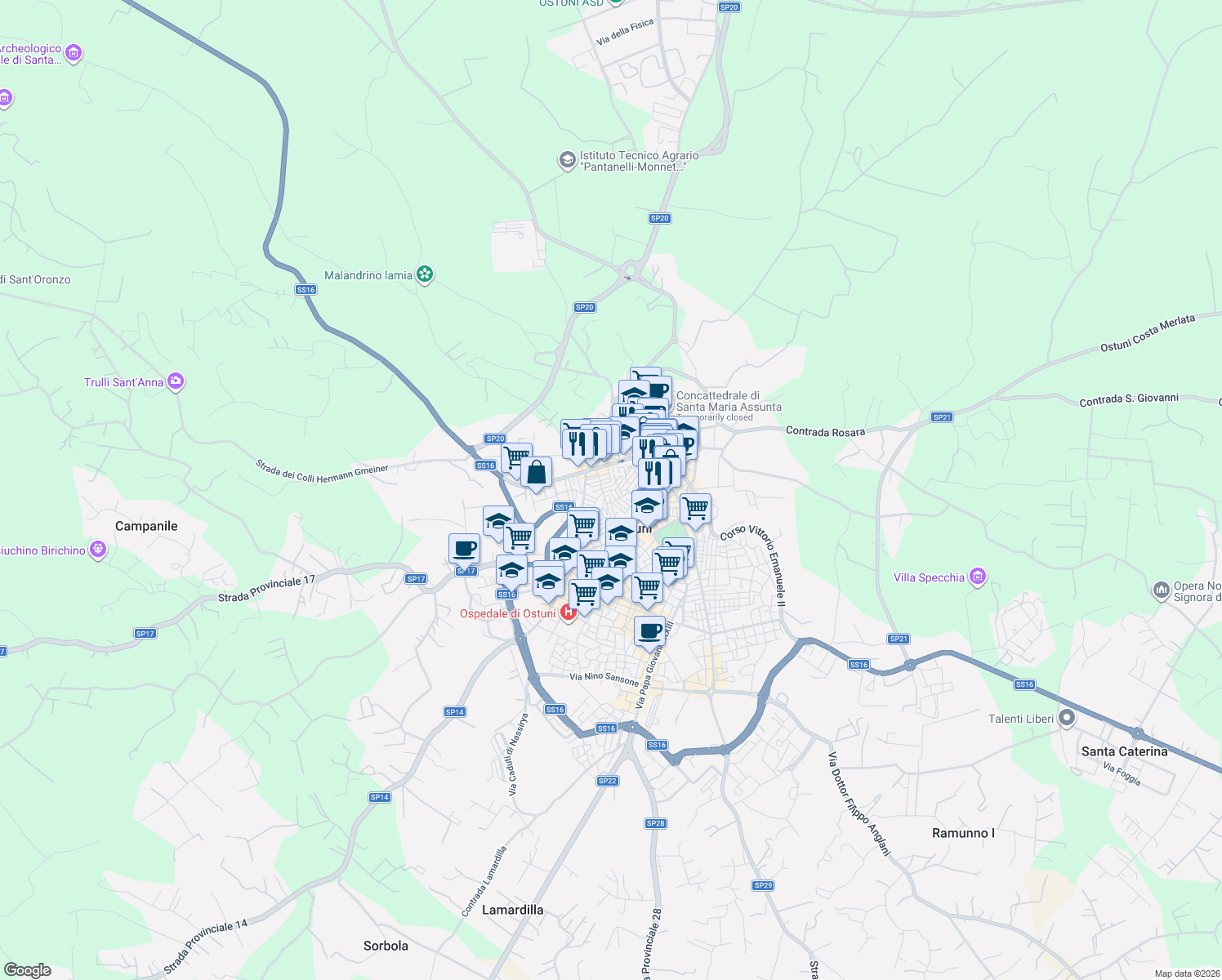 map of restaurants, bars, coffee shops, grocery stores, and more near 72 Via Giacomo Leopardi in Ostuni