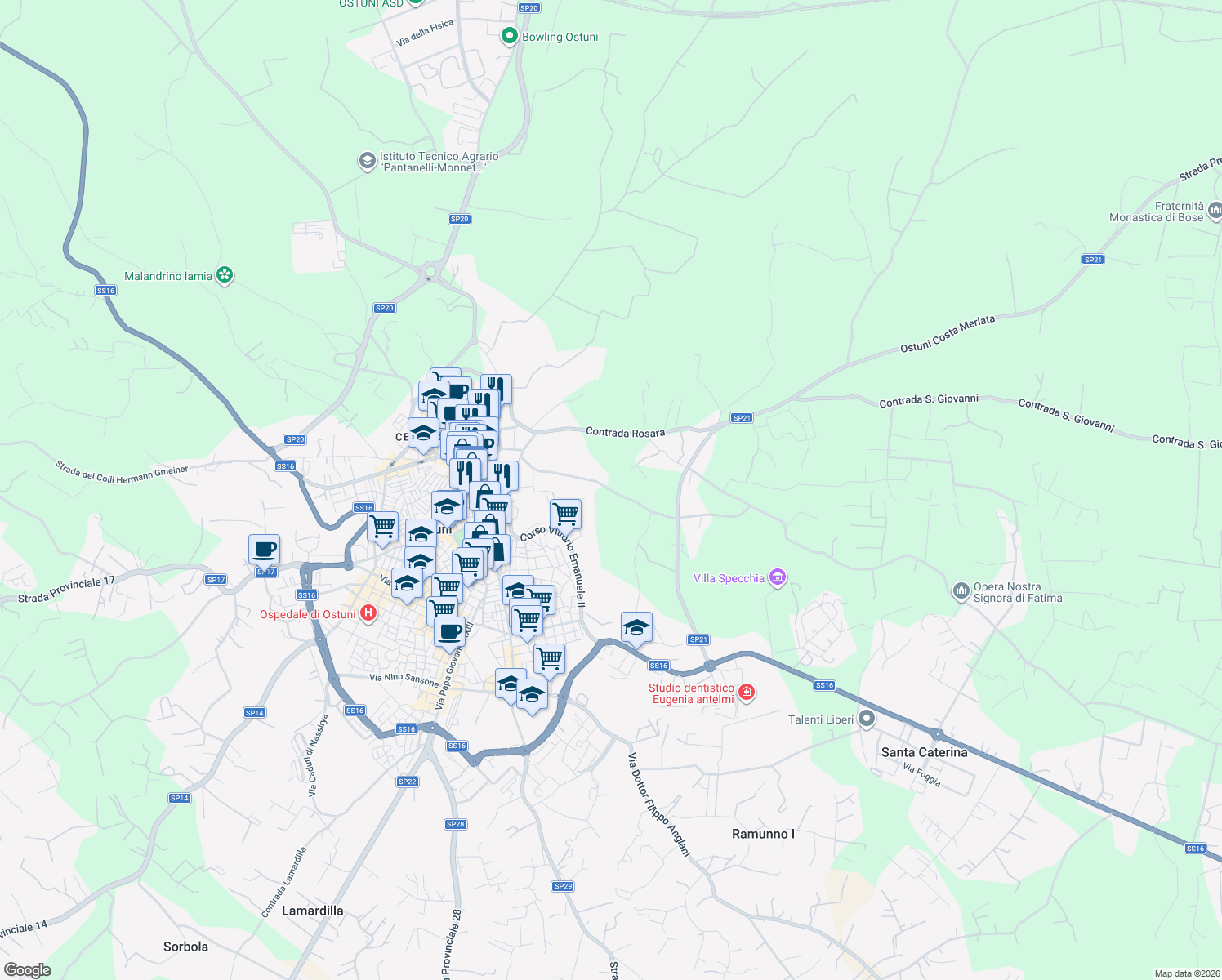 map of restaurants, bars, coffee shops, grocery stores, and more near 195 Corso Vittorio Emanuele II in Ostuni