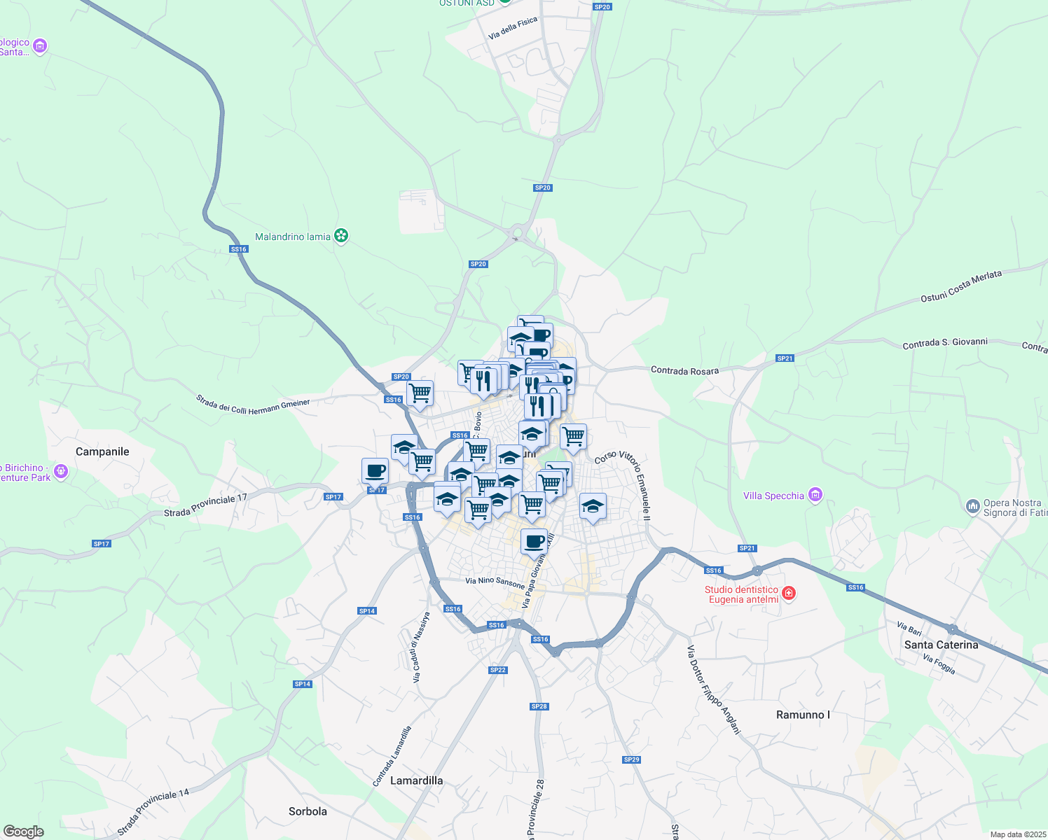 map of restaurants, bars, coffee shops, grocery stores, and more near 13 Vico Antonio Tamborrino in Ostuni