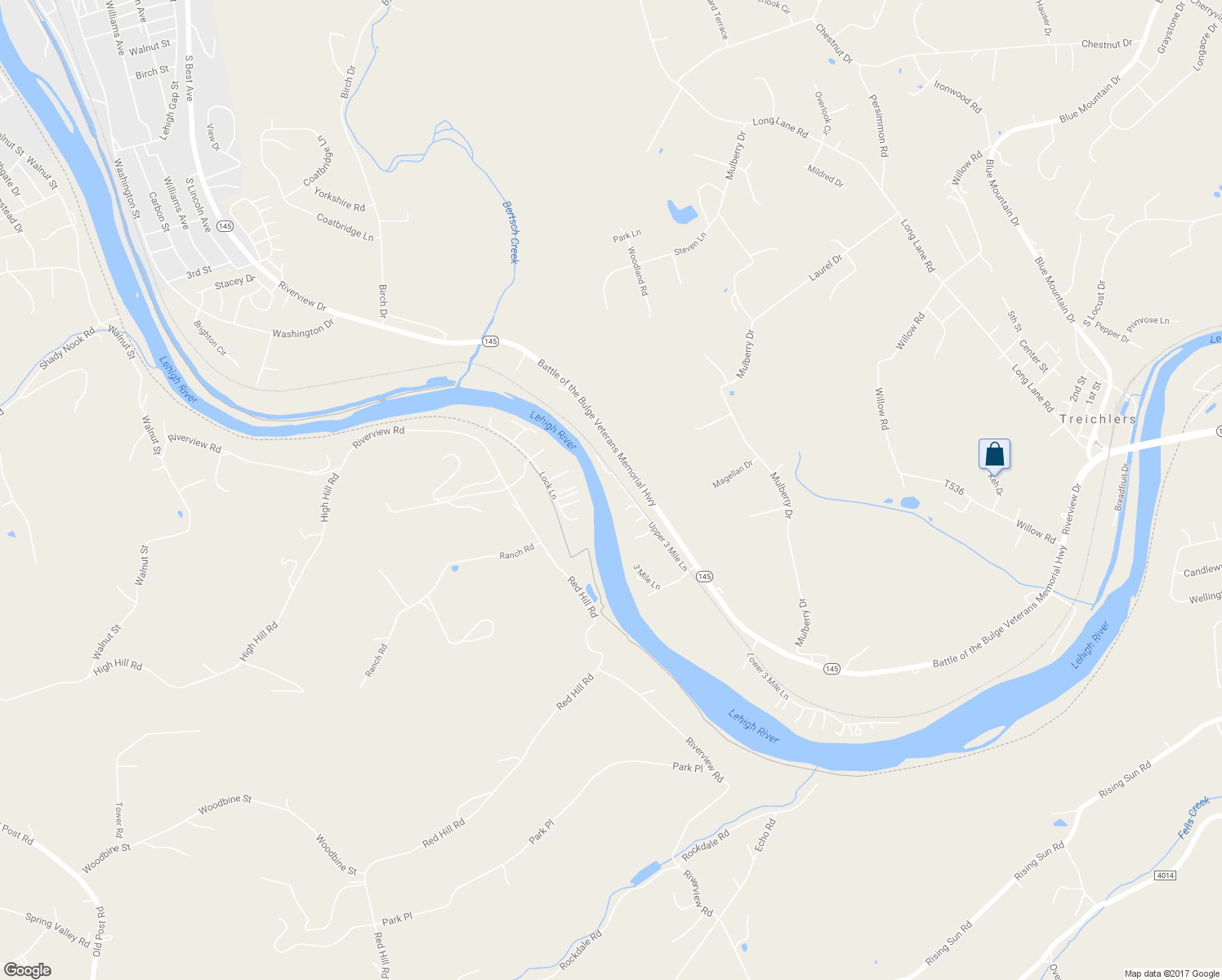 map of restaurants, bars, coffee shops, grocery stores, and more near 4771 3 Mile Lane in Walnutport