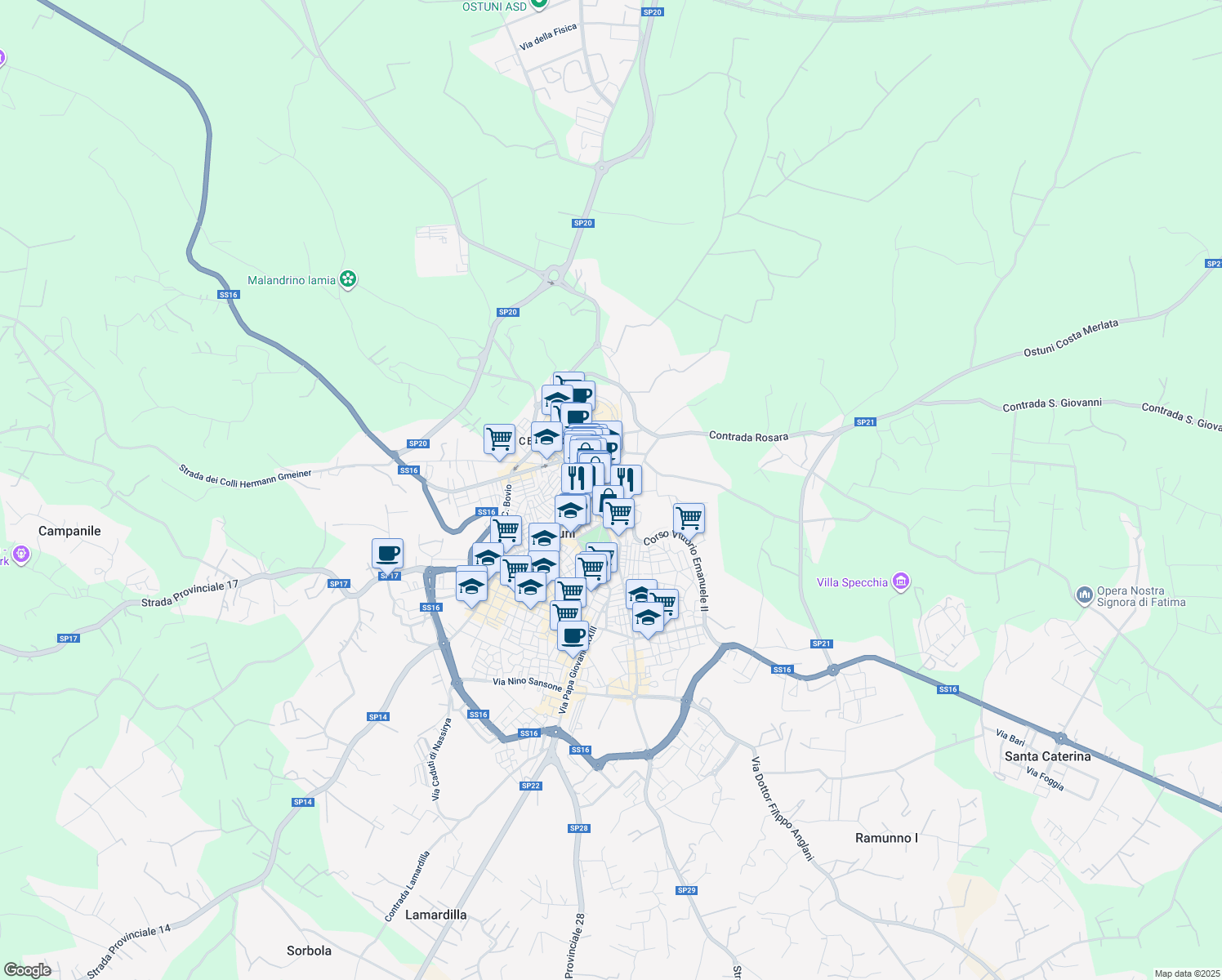 map of restaurants, bars, coffee shops, grocery stores, and more near 1 Via Ercole Ghionda in Ostuni