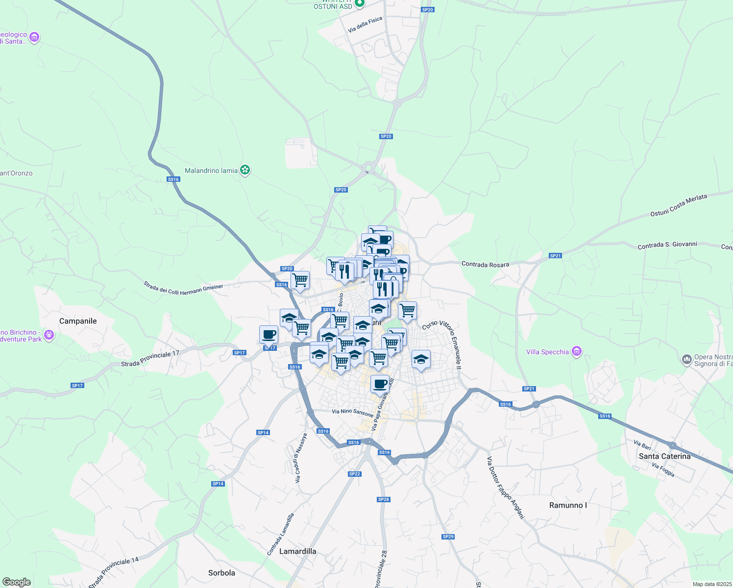map of restaurants, bars, coffee shops, grocery stores, and more near 13 Via A. Tamborrino in Ostuni