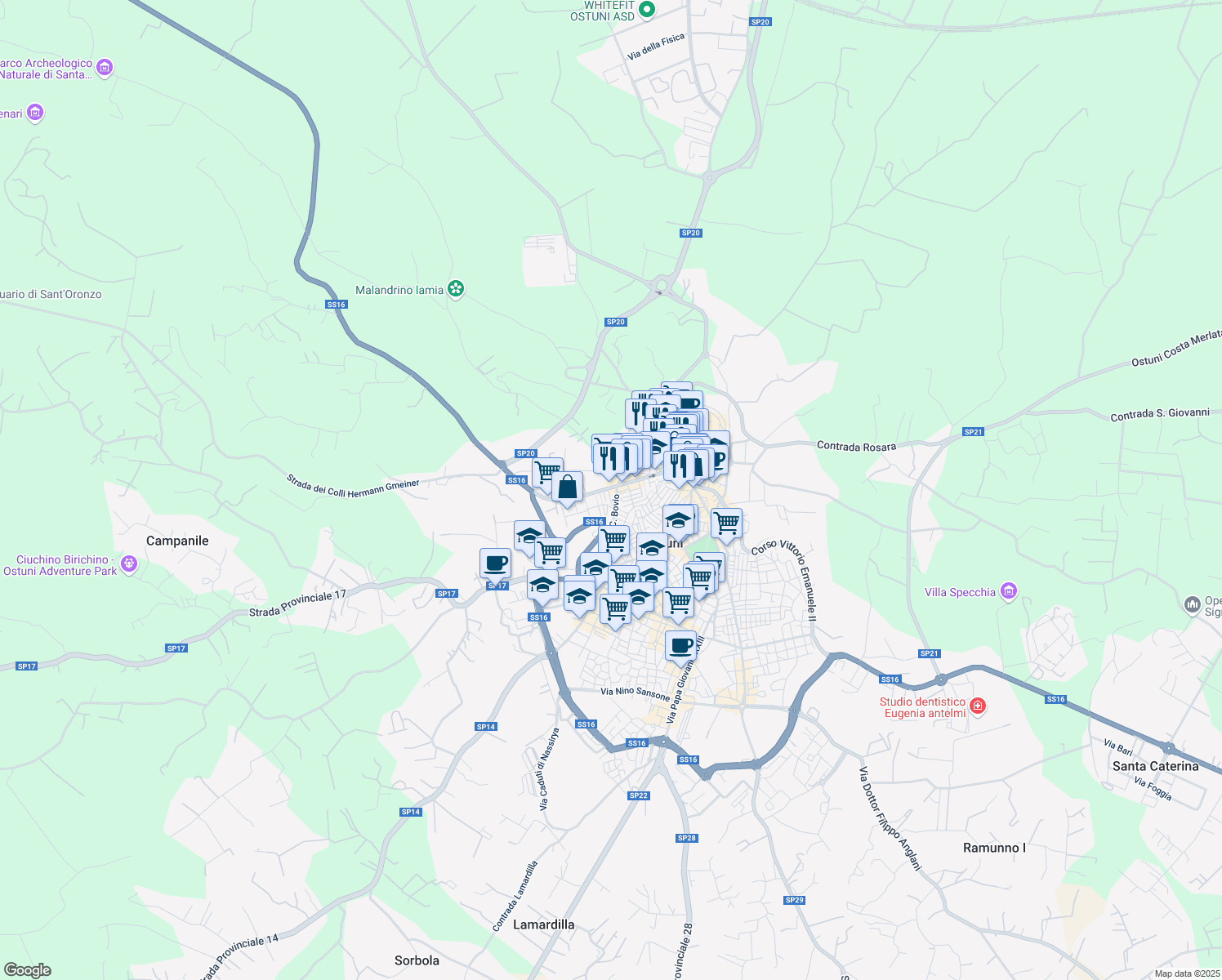 map of restaurants, bars, coffee shops, grocery stores, and more near 99 Corso Giuseppe Mazzini in Ostuni