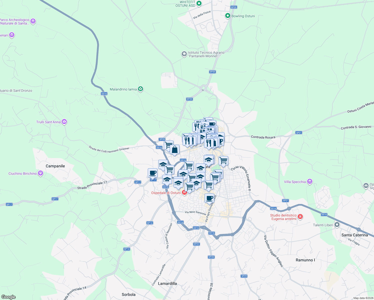 map of restaurants, bars, coffee shops, grocery stores, and more near 99 Corso Giuseppe Mazzini in Ostuni