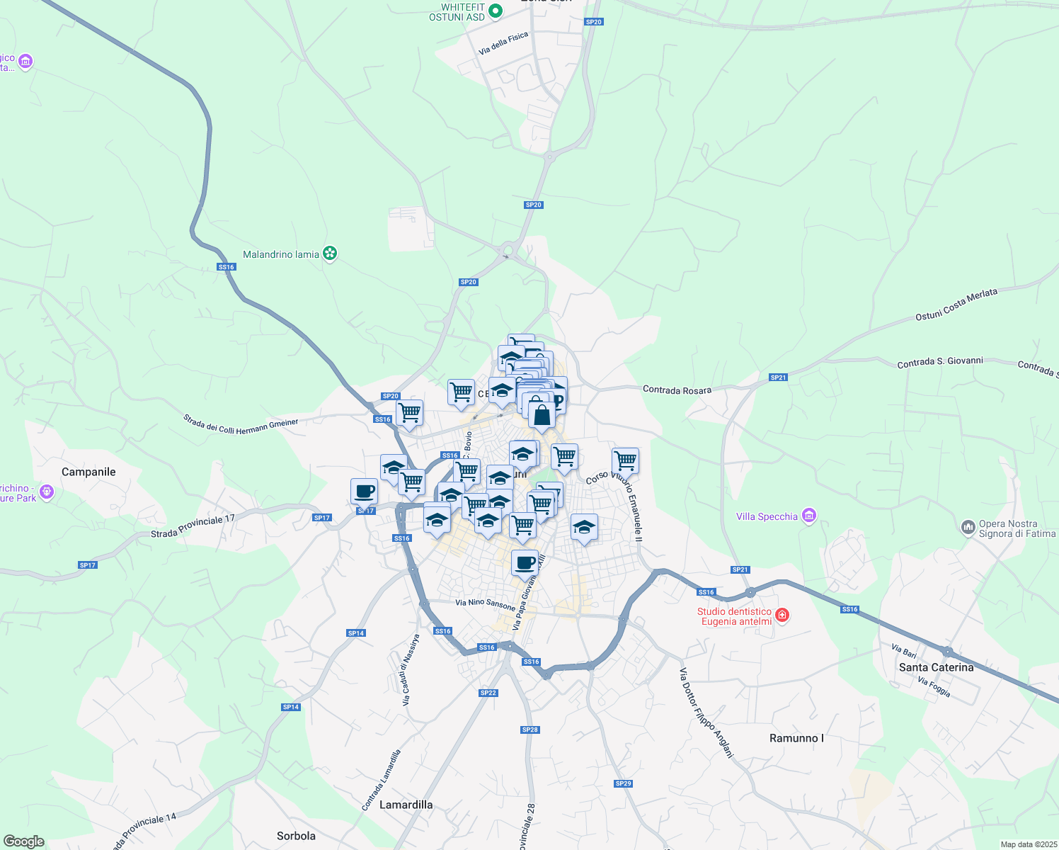 map of restaurants, bars, coffee shops, grocery stores, and more near 8 Via Galileo Galilei in Ostuni
