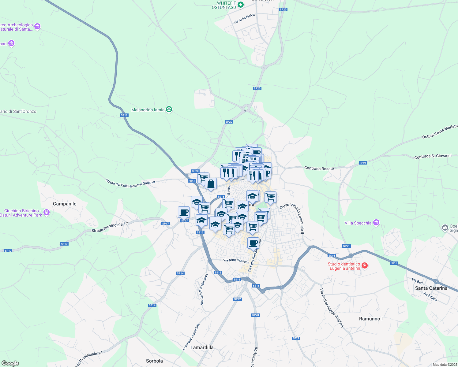 map of restaurants, bars, coffee shops, grocery stores, and more near 99 Corso Giuseppe Mazzini in Ostuni