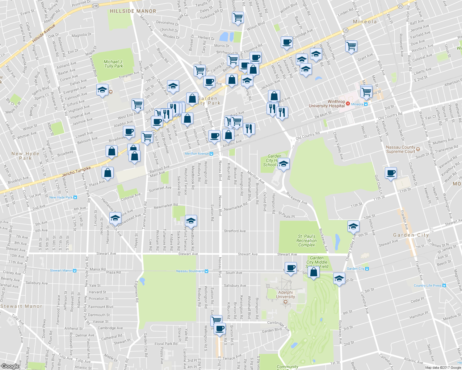 map of restaurants, bars, coffee shops, grocery stores, and more near 119 Somerset Avenue in Garden City
