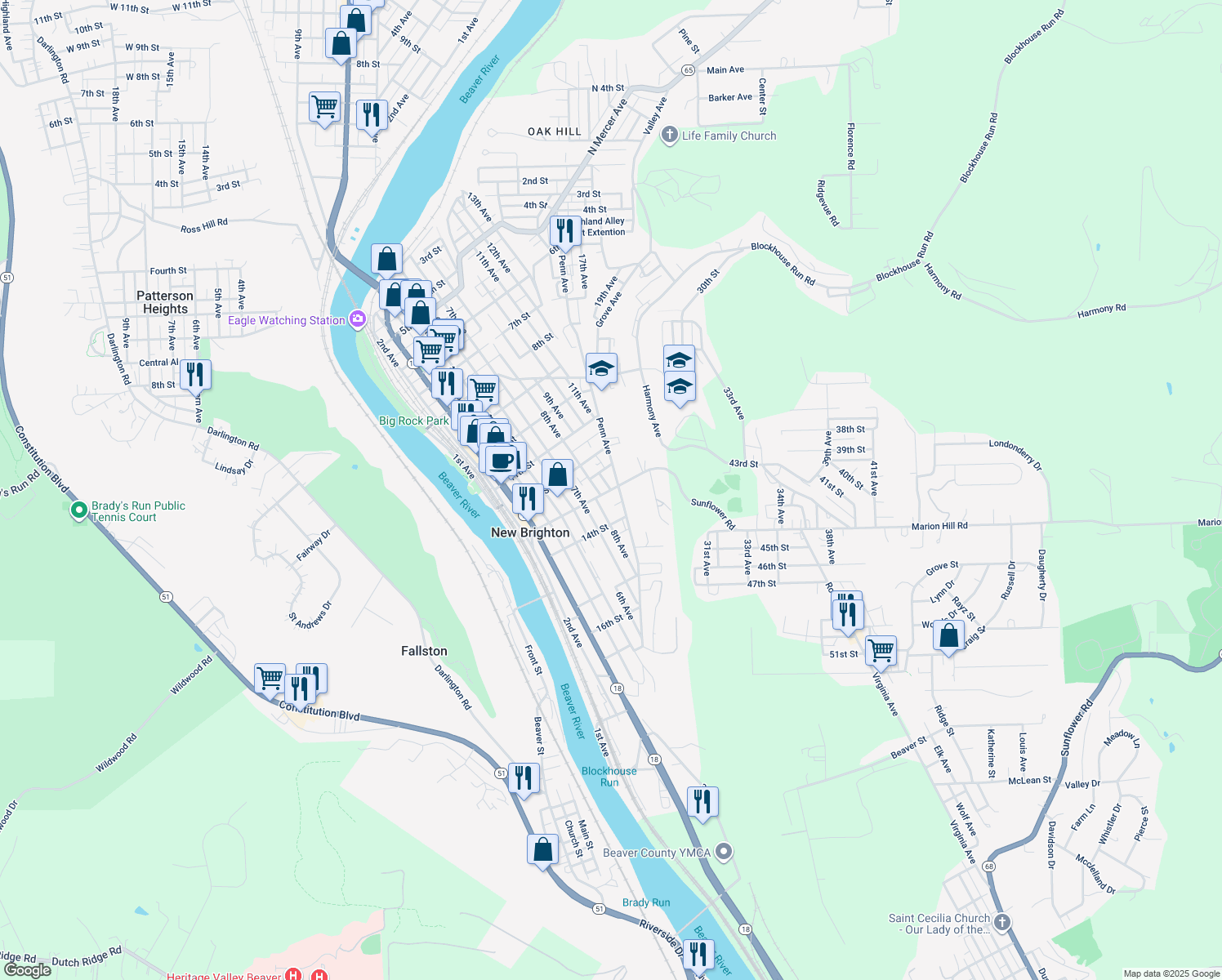 map of restaurants, bars, coffee shops, grocery stores, and more near 13th Street in New Brighton