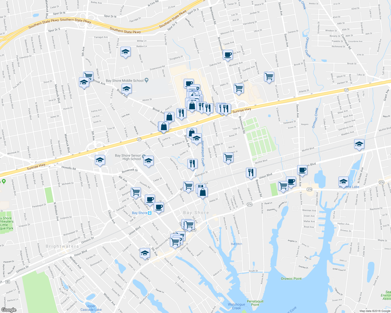 map of restaurants, bars, coffee shops, grocery stores, and more near 43 Brook Avenue in Bay Shore
