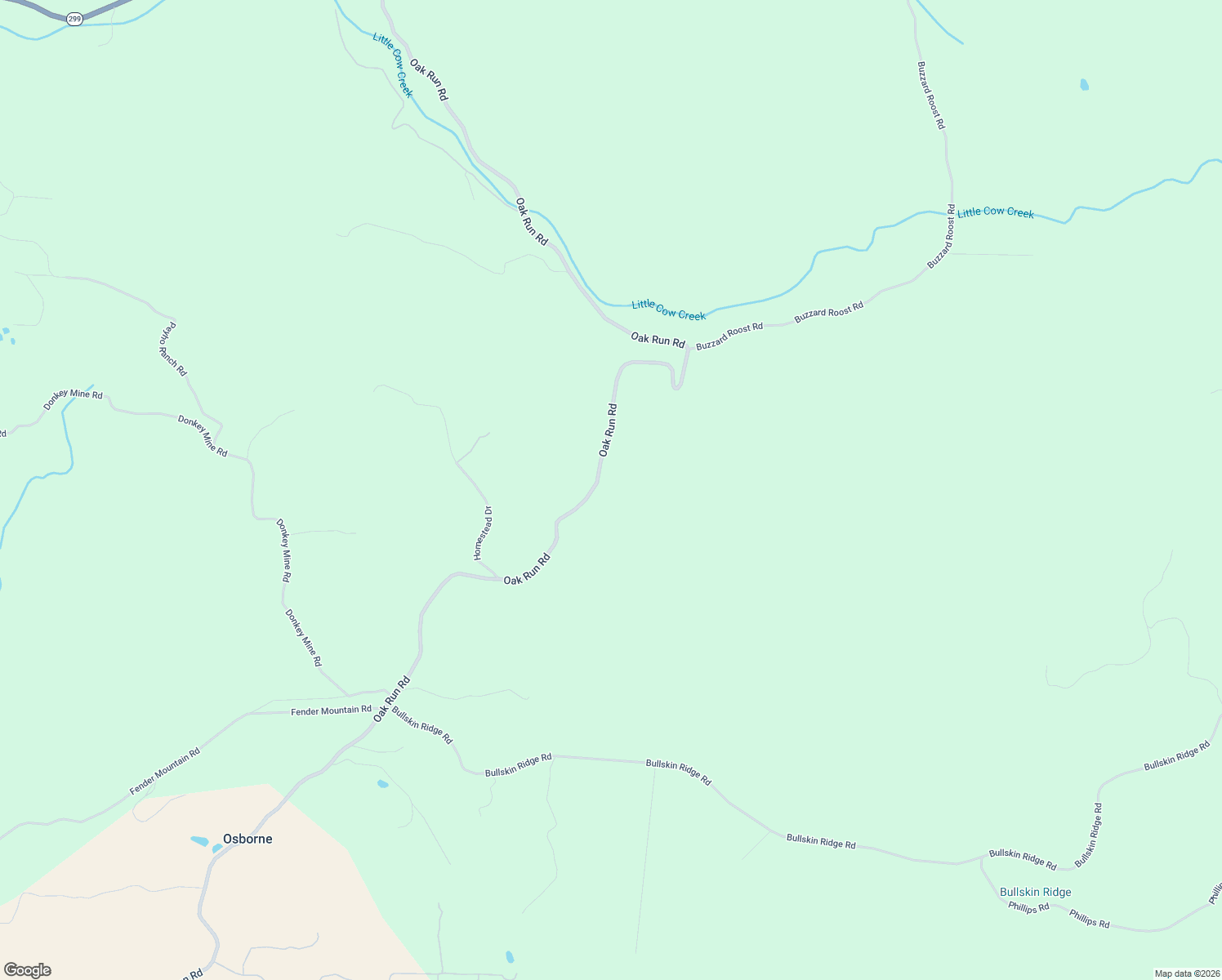 map of restaurants, bars, coffee shops, grocery stores, and more near 15201-15399 Oak Run Road in Oak Run