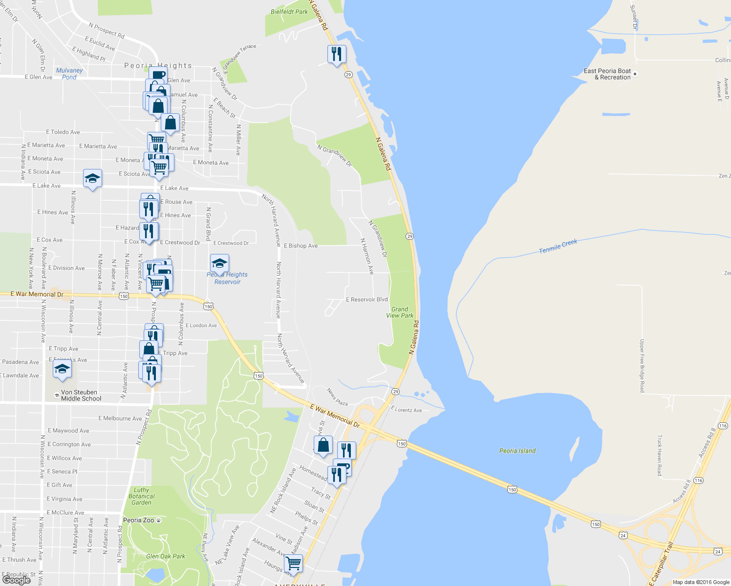map of restaurants, bars, coffee shops, grocery stores, and more near 2419 E Reservoir Blvd in Peoria