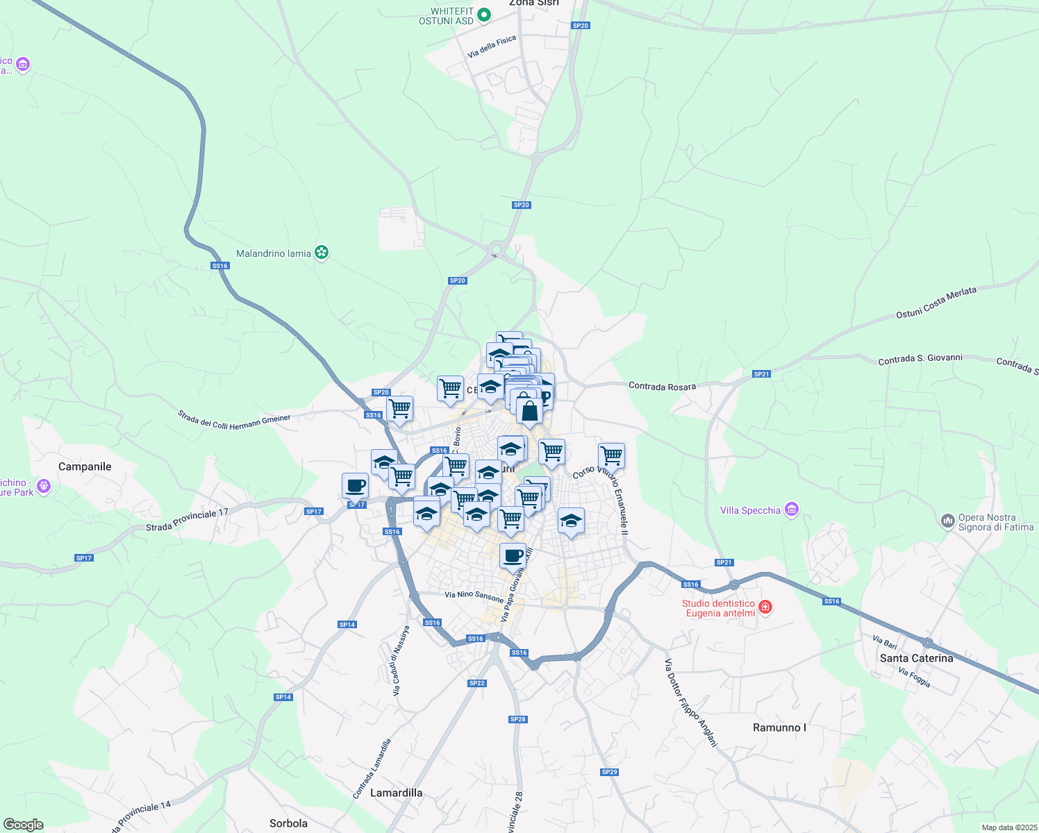 map of restaurants, bars, coffee shops, grocery stores, and more near 8 Via Galileo Galilei in Ostuni