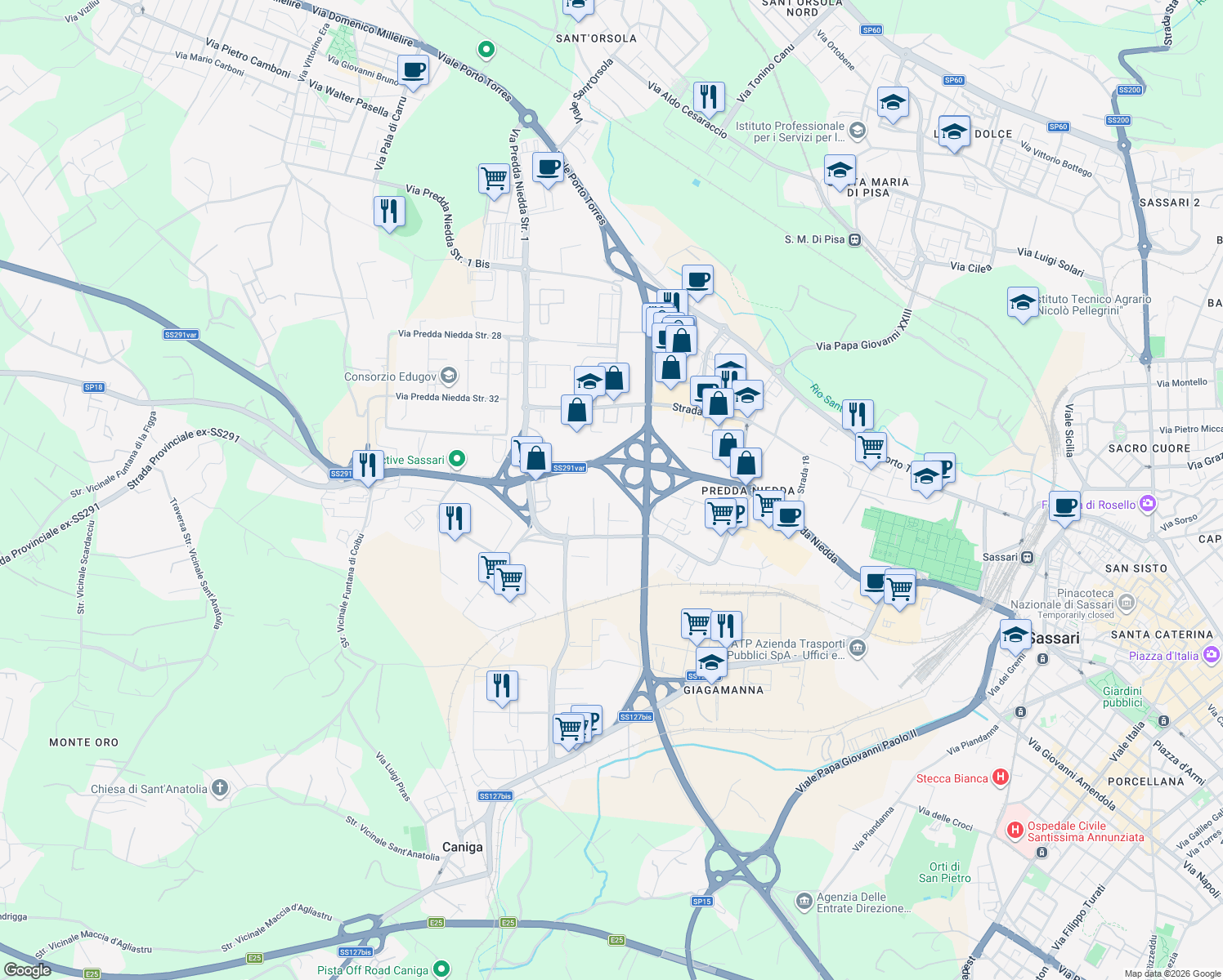 map of restaurants, bars, coffee shops, grocery stores, and more near Strada Statale 291 della Nurra in Città metropolitana di Sassari