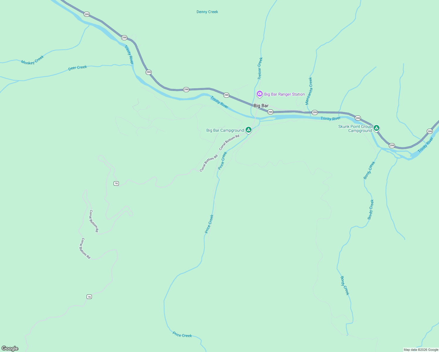 map of restaurants, bars, coffee shops, grocery stores, and more near Price Creek Road in Big Bar
