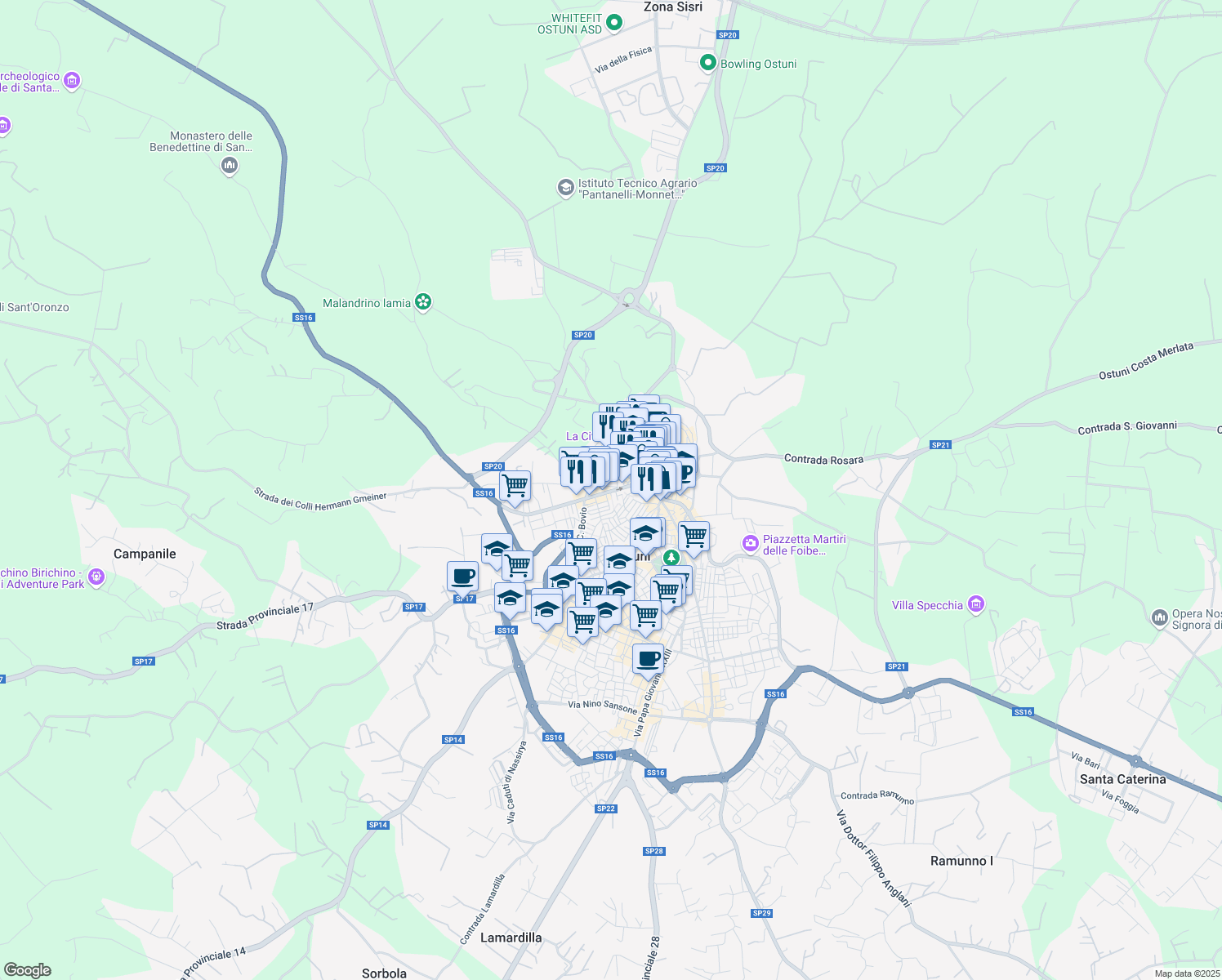 map of restaurants, bars, coffee shops, grocery stores, and more near 84 Corso Giuseppe Mazzini in Ostuni