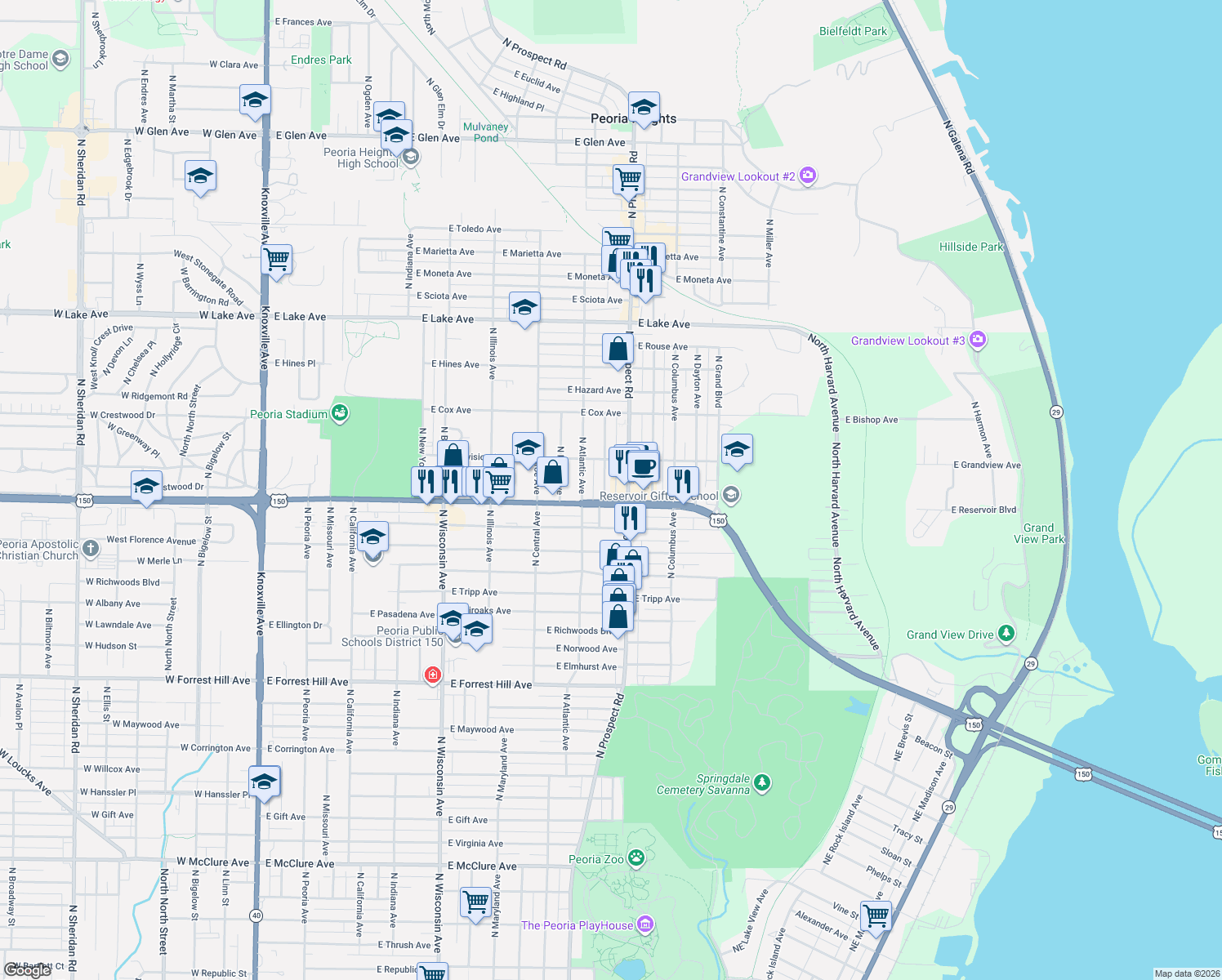 map of restaurants, bars, coffee shops, grocery stores, and more near 3714 N Vincent Ave in Peoria Heights