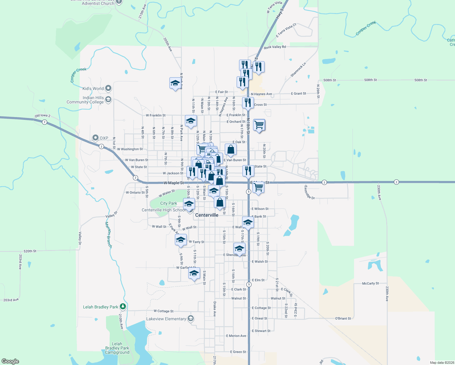 map of restaurants, bars, coffee shops, grocery stores, and more near 400 E Maple St in Centerville