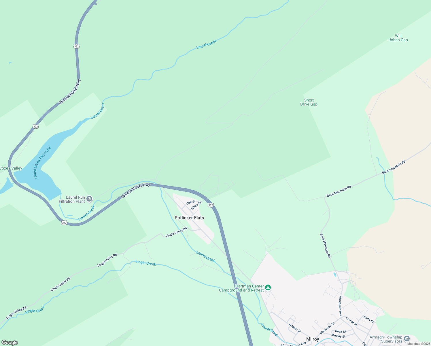 map of restaurants, bars, coffee shops, grocery stores, and more near 84 Bark Drive in Milroy