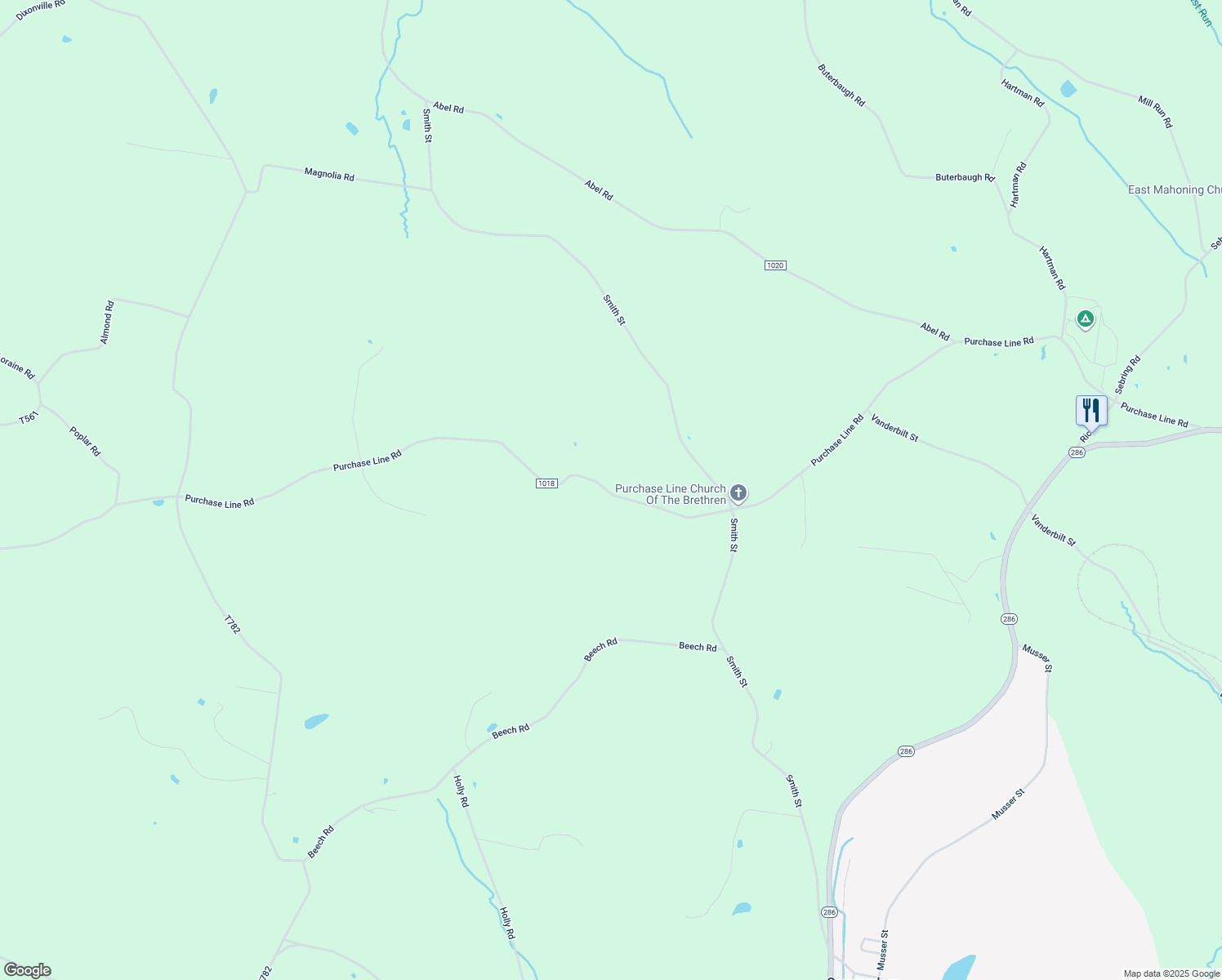 map of restaurants, bars, coffee shops, grocery stores, and more near 3429 Purchase Line Road in Clymer