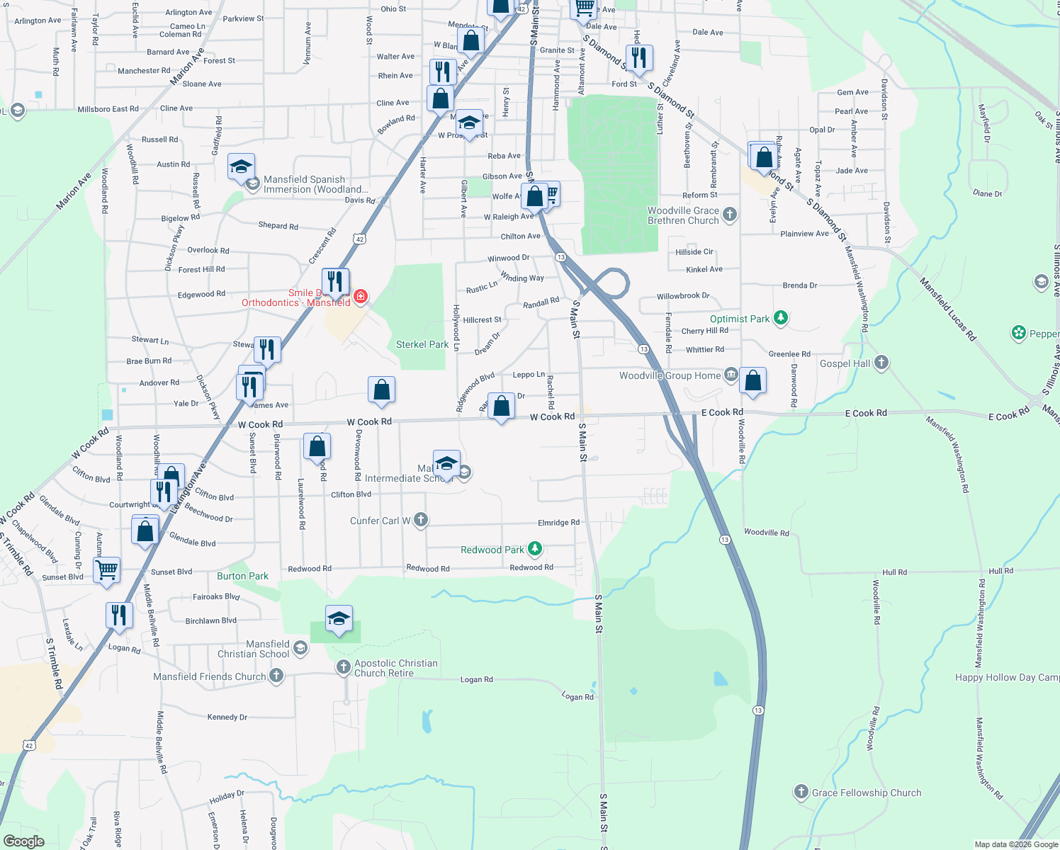 map of restaurants, bars, coffee shops, grocery stores, and more near 87 E Cook Rd in Mansfield