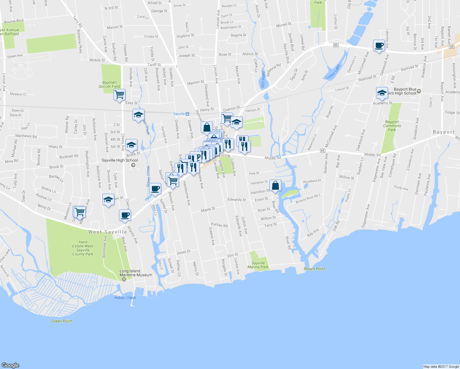 map of restaurants, bars, coffee shops, grocery stores, and more near 100 Collins Avenue in Sayville