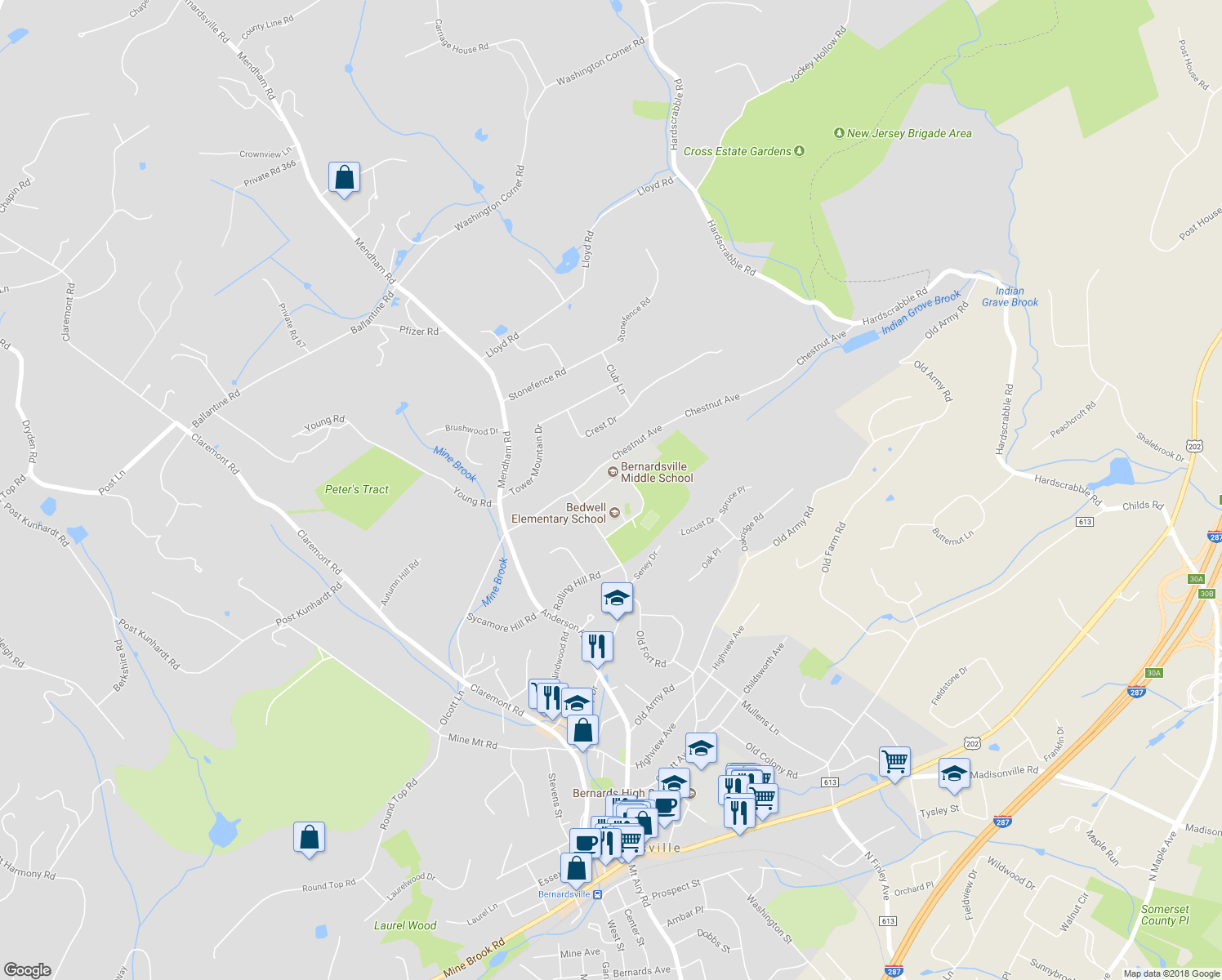 map of restaurants, bars, coffee shops, grocery stores, and more near 141 Seney Drive in Bernardsville