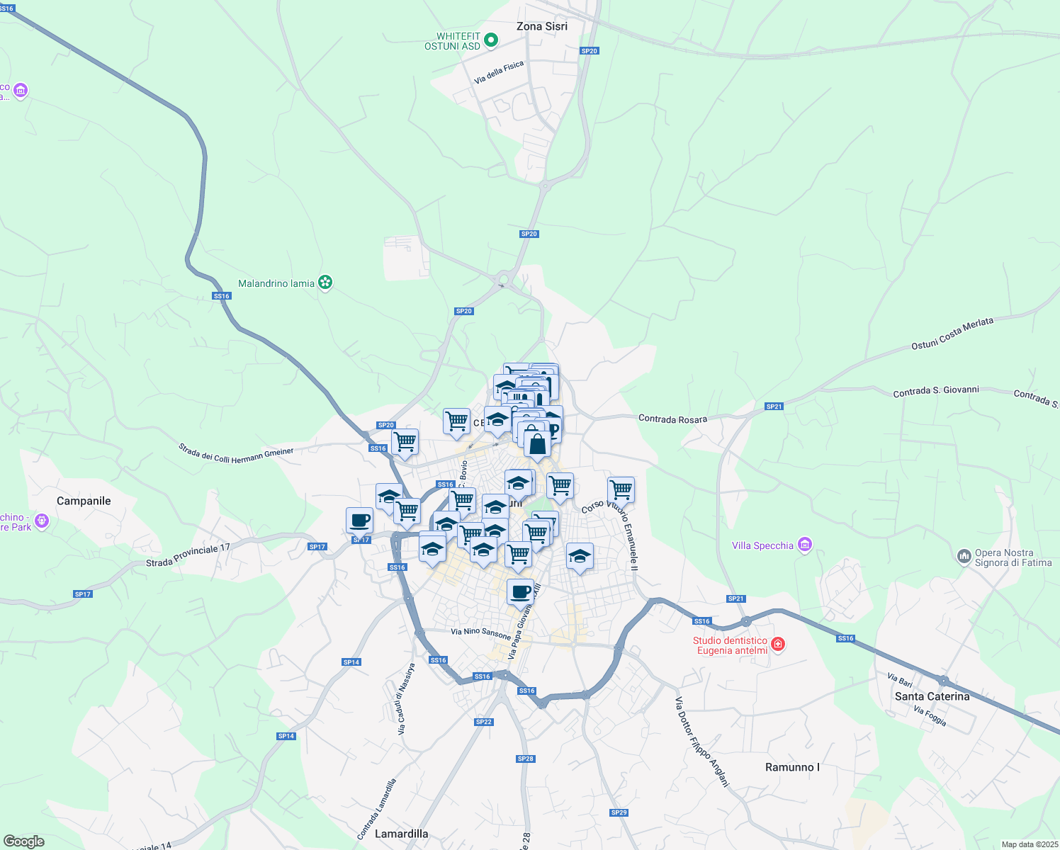 map of restaurants, bars, coffee shops, grocery stores, and more near 16 Via P. Vincenti in Ostuni