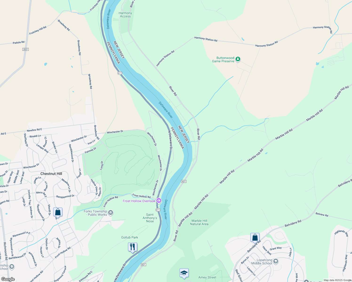 map of restaurants, bars, coffee shops, grocery stores, and more near 2805 North Delaware Drive in Easton