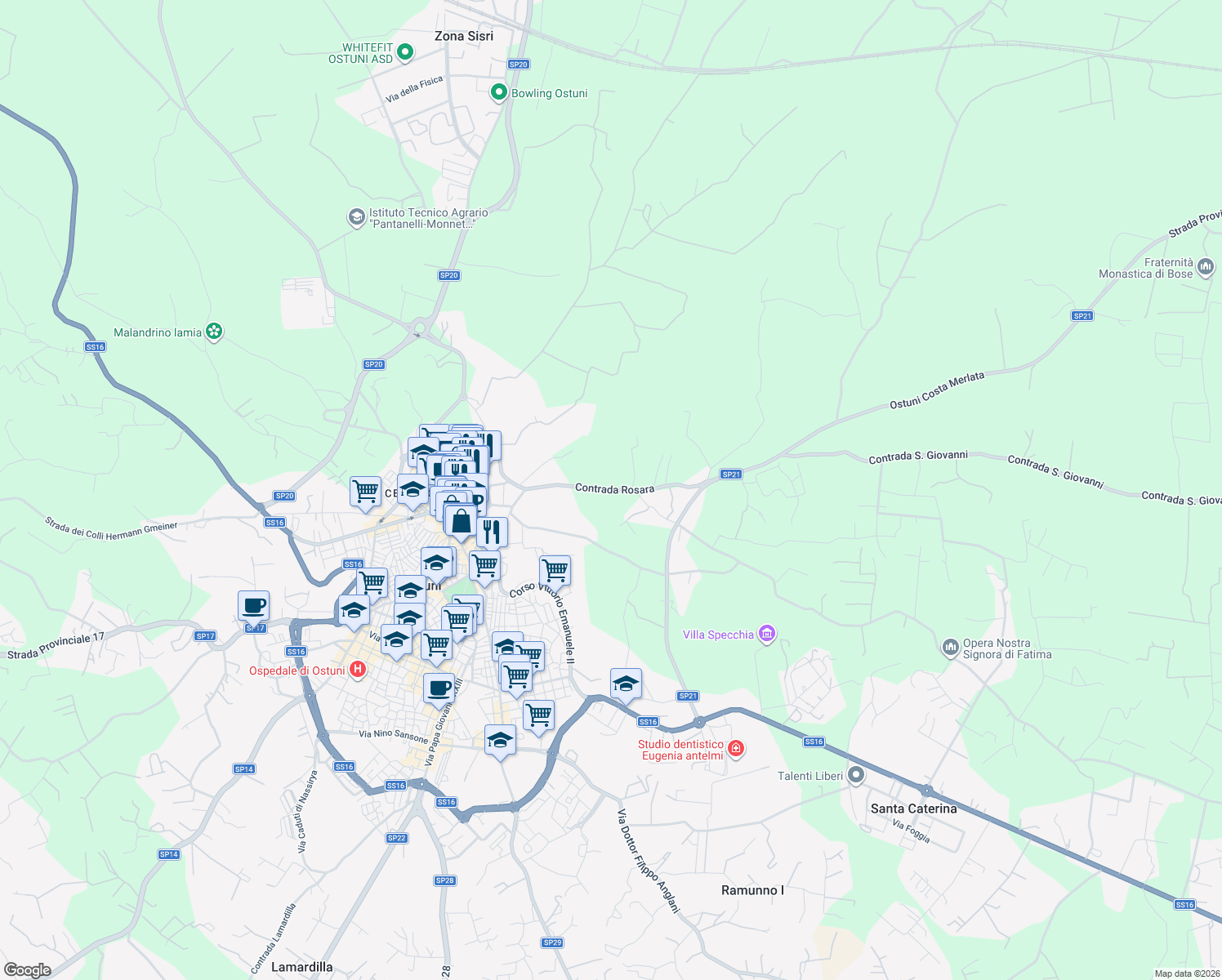 map of restaurants, bars, coffee shops, grocery stores, and more near Unnamed Road in Brindisi