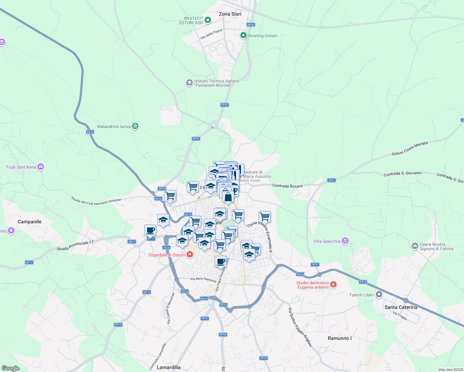 map of restaurants, bars, coffee shops, grocery stores, and more near 70 Via Gaetano Tanzarella Vitale in Ostuni
