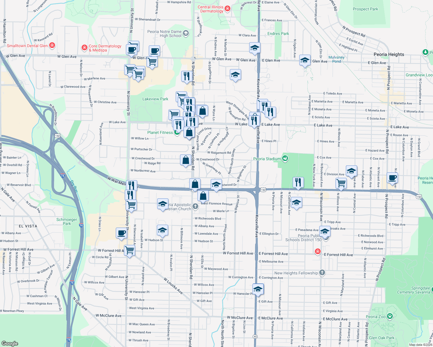 map of restaurants, bars, coffee shops, grocery stores, and more near 418 West Greenway Place in Peoria