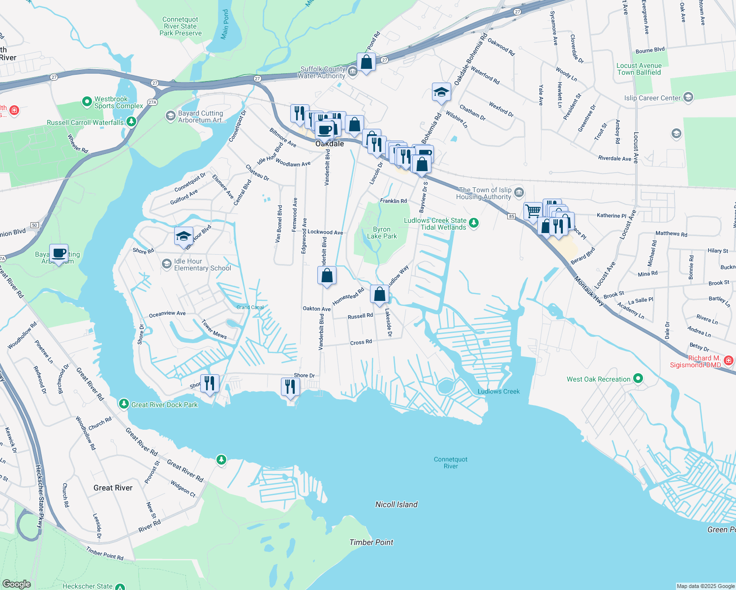 map of restaurants, bars, coffee shops, grocery stores, and more near 192 Lincoln Drive in Oakdale
