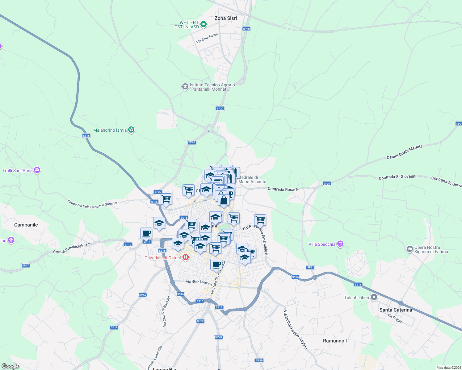 map of restaurants, bars, coffee shops, grocery stores, and more near 91 Via Bixio Continelli in Ostuni