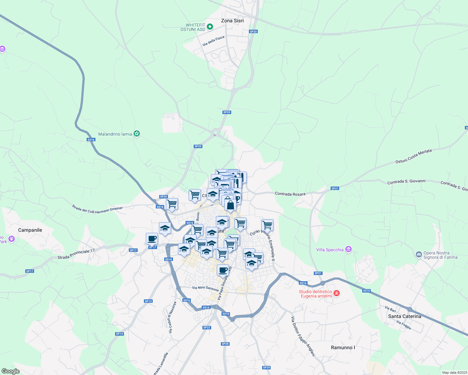 map of restaurants, bars, coffee shops, grocery stores, and more near 70 Via Gaetano Tanzarella Vitale in Ostuni