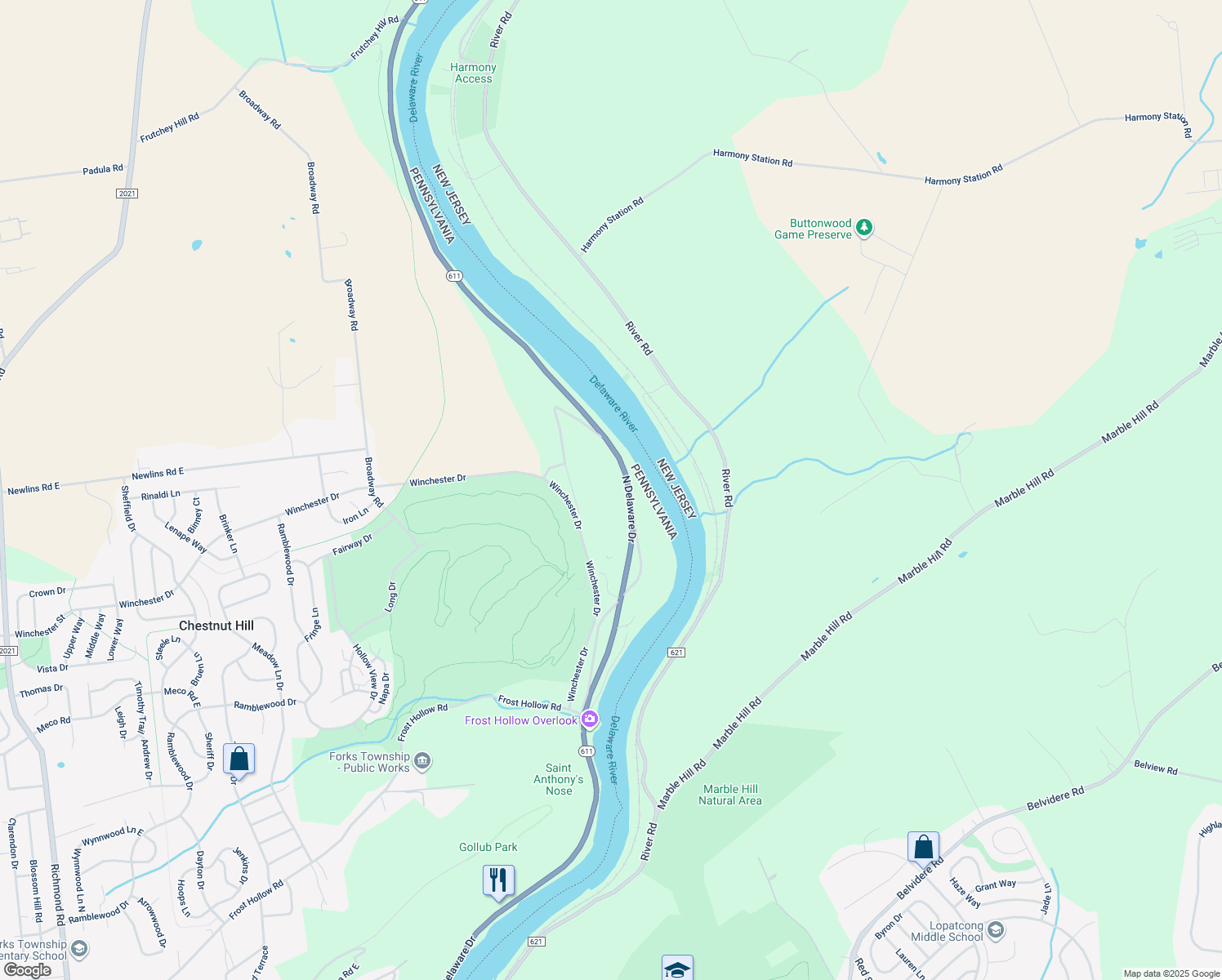 map of restaurants, bars, coffee shops, grocery stores, and more near 2900 North Delaware Drive in Easton