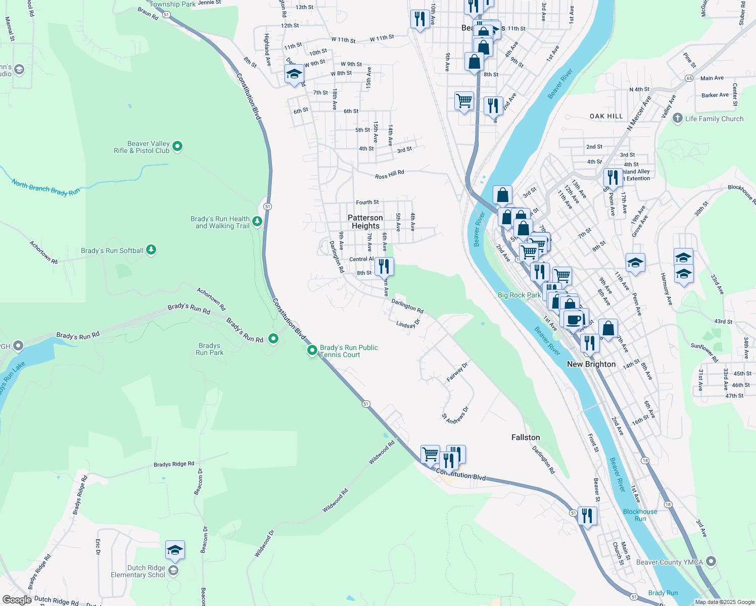 map of restaurants, bars, coffee shops, grocery stores, and more near 51 Darlington Rd in Beaver Falls