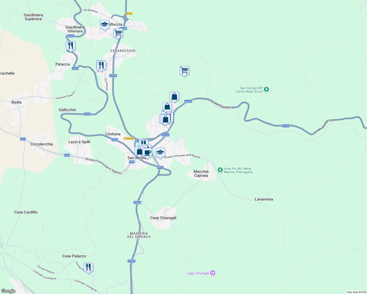 map of restaurants, bars, coffee shops, grocery stores, and more near 9 Via Madrid in Provincia di Potenza
