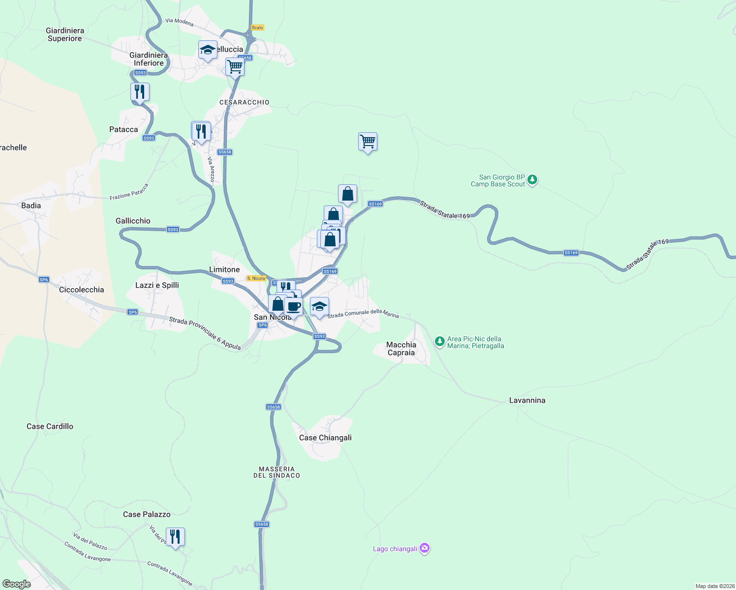 map of restaurants, bars, coffee shops, grocery stores, and more near 9 Via Madrid in Provincia di Potenza