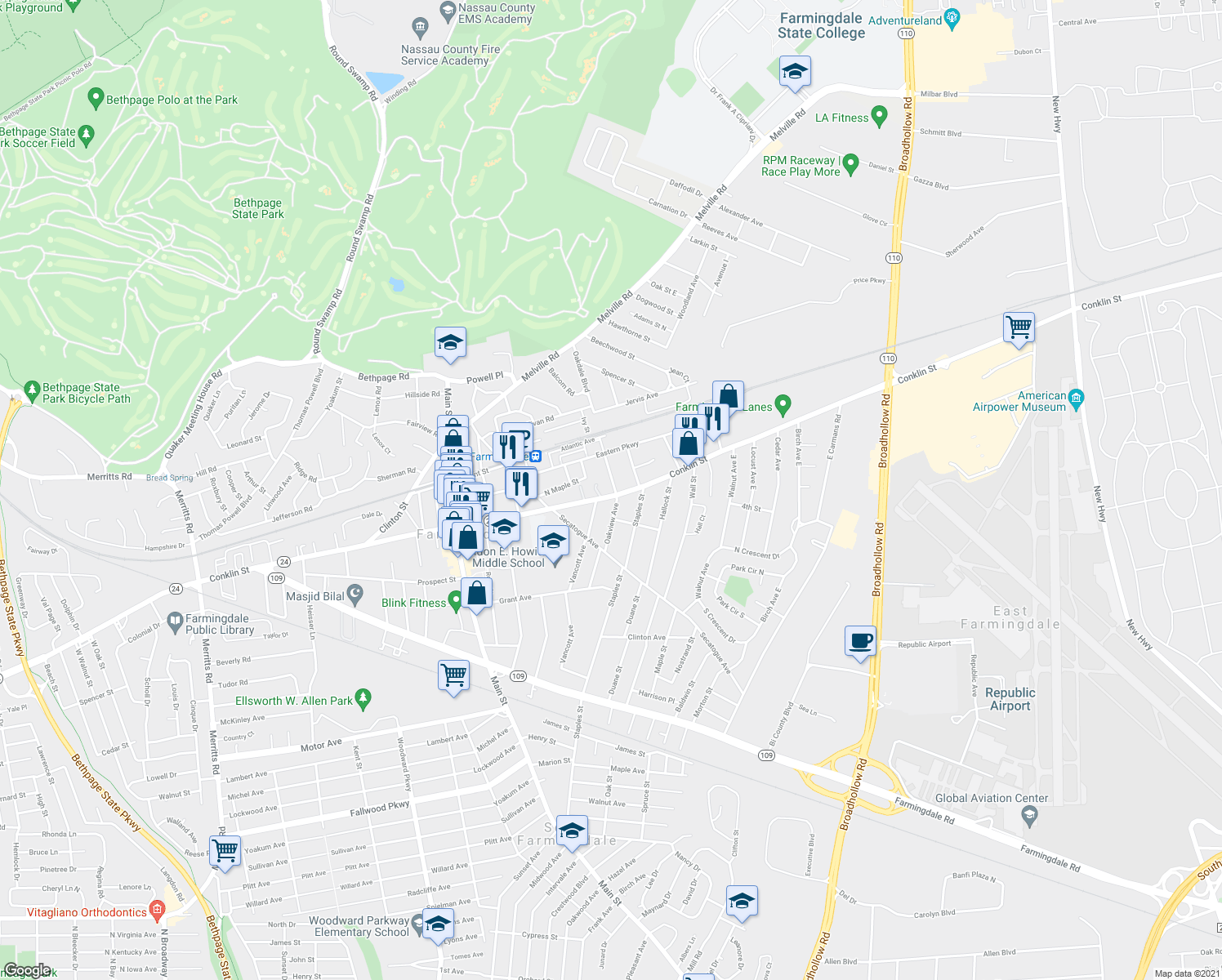 map of restaurants, bars, coffee shops, grocery stores, and more near 689 Conklin Street in Farmingdale