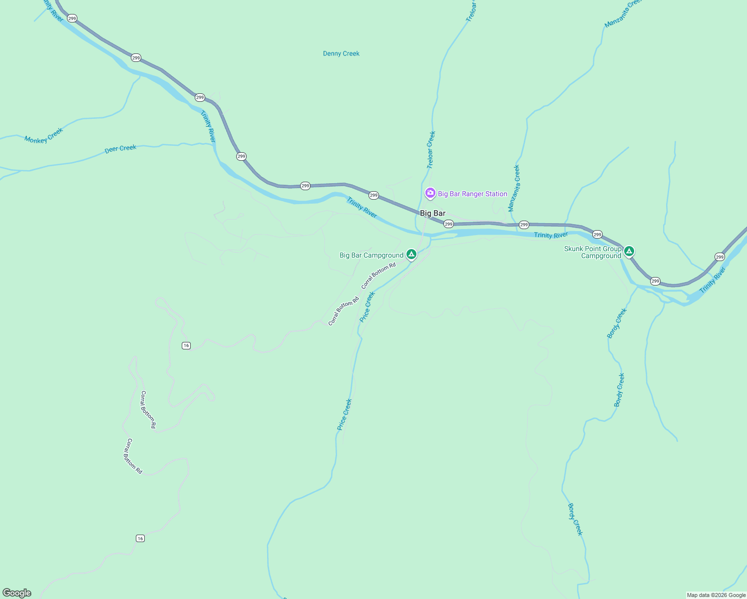 map of restaurants, bars, coffee shops, grocery stores, and more near Price Creek Road in Big Bar