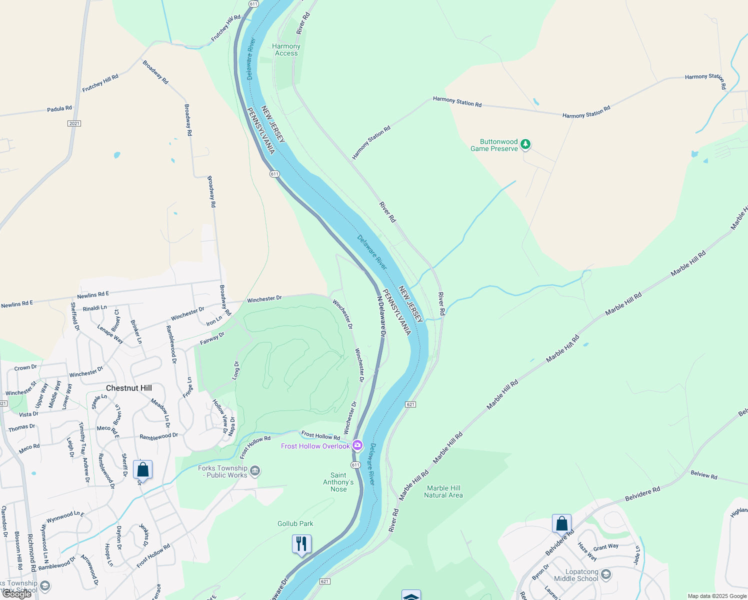 map of restaurants, bars, coffee shops, grocery stores, and more near 2900 North Delaware Drive in Easton