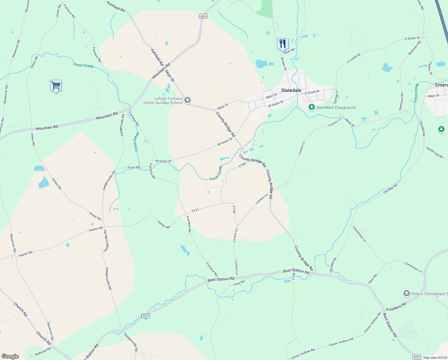 map of restaurants, bars, coffee shops, grocery stores, and more near 4553 Windy Ridge Road in Slatington