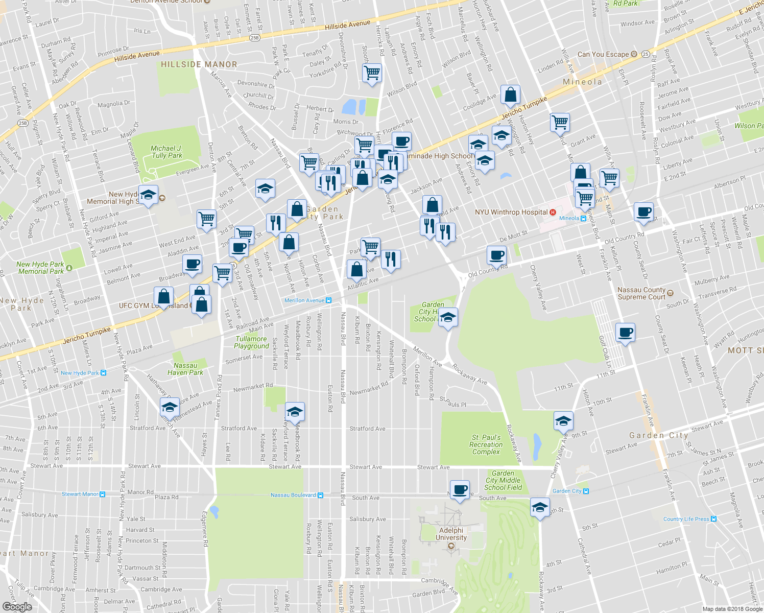 map of restaurants, bars, coffee shops, grocery stores, and more near 221 Kensington Road in Garden City