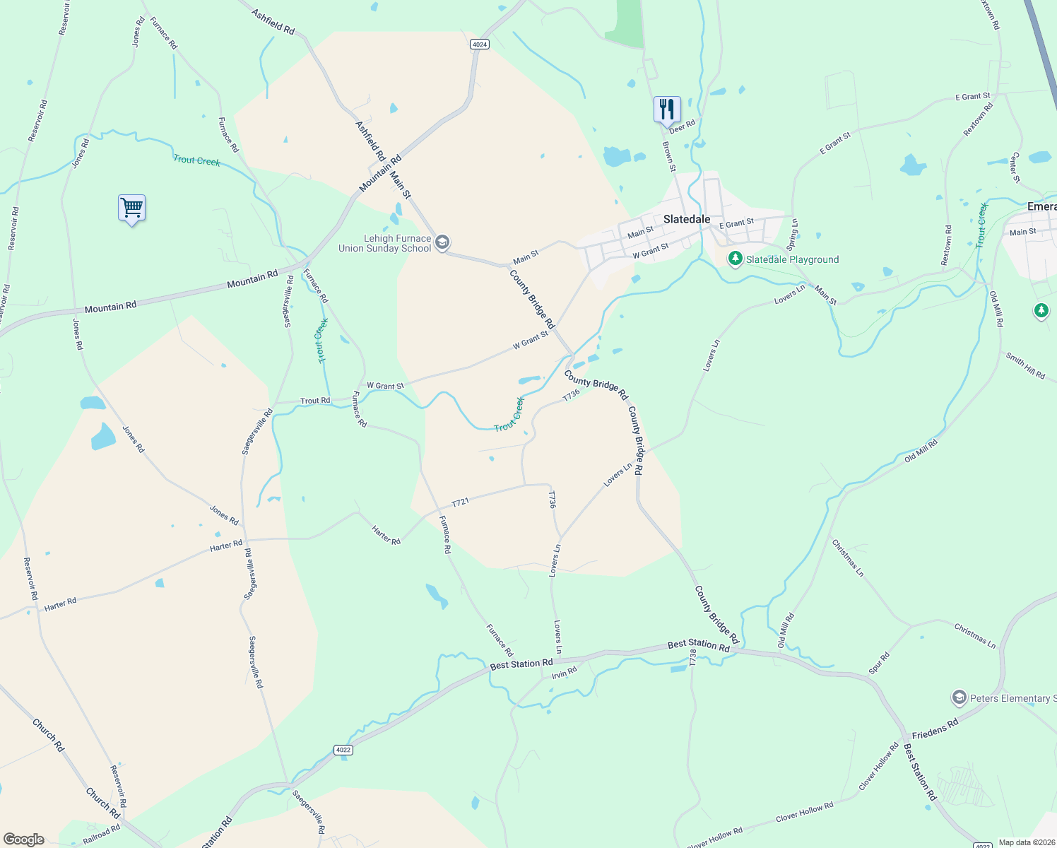 map of restaurants, bars, coffee shops, grocery stores, and more near 4553 Windy Ridge Road in Slatington