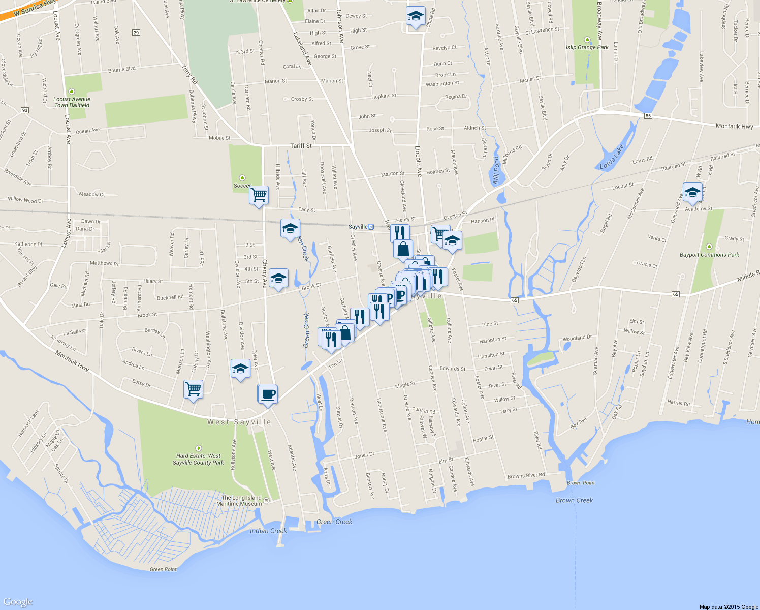 map of restaurants, bars, coffee shops, grocery stores, and more near 130 Greene Avenue in Sayville