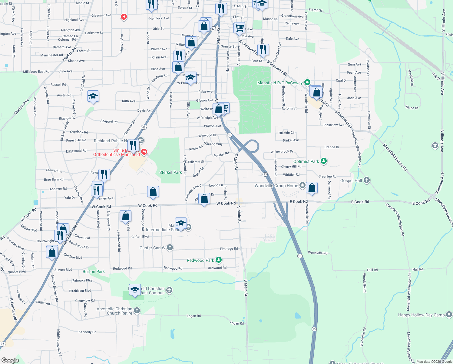map of restaurants, bars, coffee shops, grocery stores, and more near 44 Leppo Ln in Mansfield