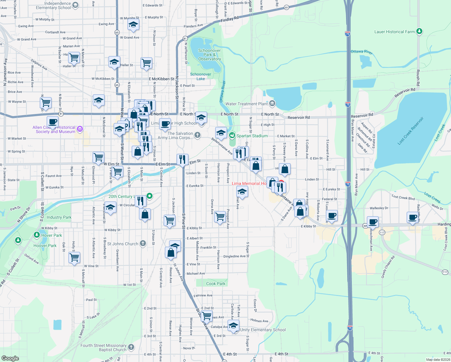 map of restaurants, bars, coffee shops, grocery stores, and more near 428 Prospect Avenue in Lima